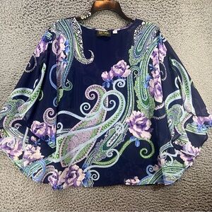 Vtg Bob Mackie Wearable Art Poncho Top Small Blue Purple Paisley Batwing Sheer